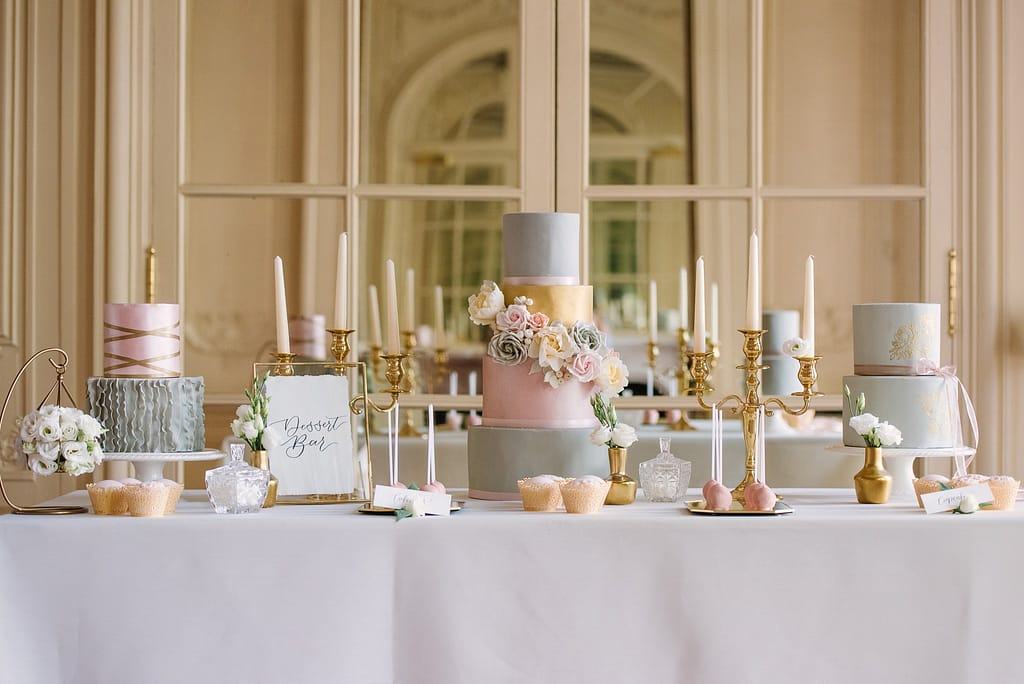 Wedding dessert table in grey, pink and gold at No. 4 Hamilton Place